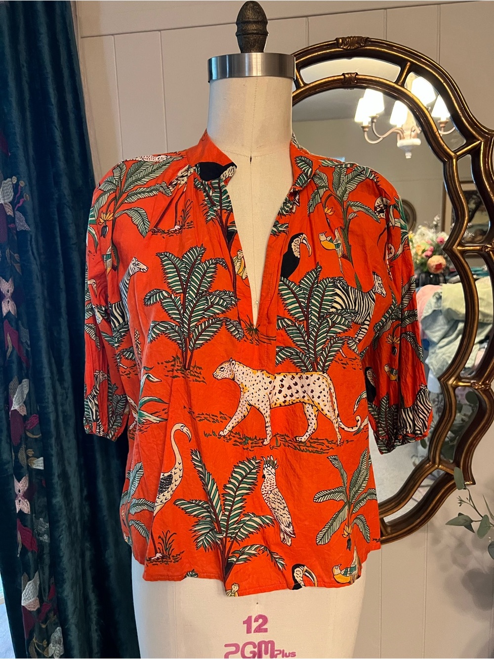 Hand made (by me) 100% cotton Orange Tropical Animal block-print Pullover Top